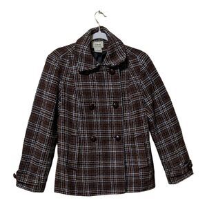 Vintage L.L. Bean double breasted plaid brown pea coat wool classic blazer Small
